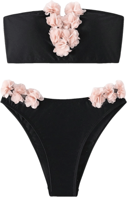 SHENHE Women's 2 Piece Bandeau Bikini Set Strapless Lace Up Appliques Flower Swimsuit X-Large Black