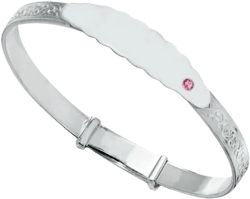 Children's Bangles:  Sterling Silver Embossed ID Bangle with Pink CZ Age 4 - 7 with Gift Box