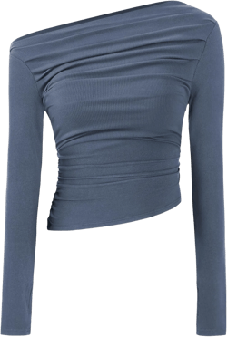 TARSE Women's Long Sleeve Off Shoulder Tops Sexy Going Out Slim Fit Knit Asymmetrical Ruched Shirts Y2K Blouses Trendy Outfit Blue X-Small