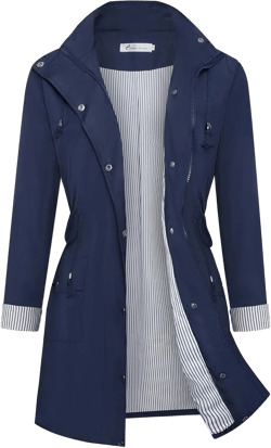 Twinklady Rain Jacket Women Windbreaker Striped Climbing Raincoats Waterproof Lightweight Outdoor Hooded Trench Coats Medium Long Style-navy Blue