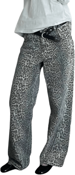 Leopard Print Jeans for Women Y2k Trendy Streetwear Cheetah High Waisted Wide Leg Denim Pant Various Style and Plus Size XX-Large A07_khaki