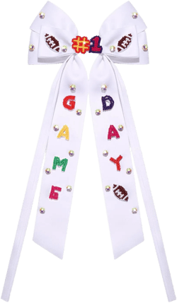 Boderier Game Day Accessories Hair Bows for Women Football Hair Bow Clip Long Tail Satin Ribbon Bow Barrette Hair Clip Sports Fan Hair Accessories Beaded GAME DAY White