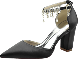 Women's High Block Heel Closed Toe Wedding Heel for Bride Chunky Satin Pumps with Pearls Prom Evening Dress Dance Shoes 8.5 Black