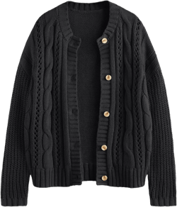 LILLUSORY Women's Cardigan Sweaters Cable Knit Crochet Cotton Fall Jackets Button Up Chunky Trendy Outfits Small Black