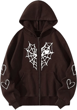 Women Y2K Spider Web Love Heart Hoodies Punk Jacket Coat Streetwear Goth Harajuku Oversized Zip Up Hooded Sweatshirt XX-Large Coffee