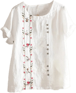 Women's Plus Size Cotton Linen Blouse Short Sleeve Embroidered Floral Print Shirts Casual Round Neck Button Tops Tunic at Amazon Women’s Clothing store