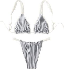 MakeMeChic Women's Floral Print 2 Piece Bikini Sets Tie Back Triangle Thong Bathing Suit Swimsuit Black and White X-Small