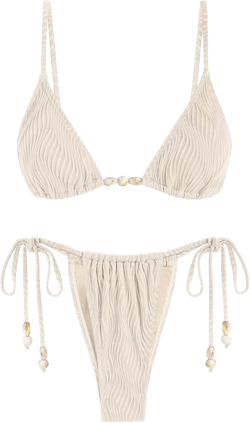 seamoly Women's Bikini Sets Ribbed Beaded Adjustable Spaghetti Strap Swimsuit Tie Side Thong Sexy 2 Piece Bathing Suit Small Beige