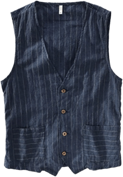 Mens Vintage Linen Suit Vest Slim Fit V-Neck Male Casual Striped Thin Waistcoat Button Down Vest L728 Deep Blue L