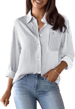 Womens Button Down Shirts Cotton Striped Dress Shirts Long Sleeve Button Up Collared Office Work Blouses Tops Small All Light Gray and White