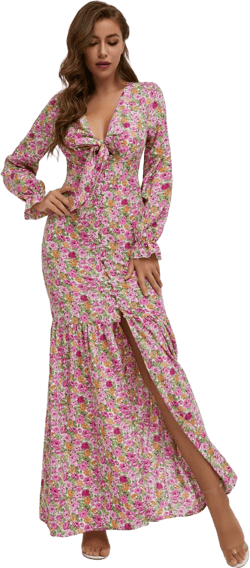 Button Front Split Thigh Allover Floral Print Dress