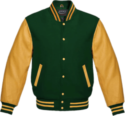 Kicky Varsity Jacket Letterman Jacket Baseball Jacket Wool body and Cowhide Leather Sleeves 39 Color Options XX-Large Green Gold