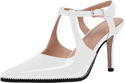 Women's Patent Leather T-Strap Stilettos High Heels Closed Pointed Toe Buckle Strap Dress Shoes Sexy Pumps 12 White