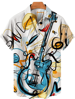 Untucked Dress Shirts for Men Crewneck Sweatshirt Mens Men's Leisure Musical Notes Printed Tee Shirts Button Down Collared T-Shirts Summer Beach Tops Hawaiian (R1-White, XXXL)