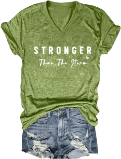 MOGUI Stronger Than The Storm V Neck Shirt Inspirational Letter Print Tee Shirts Green 5X-Large
