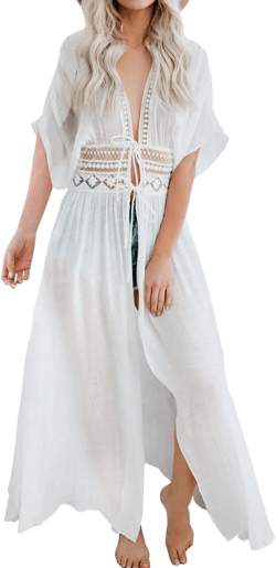 FANCYINN Women White Long Lace Cover Up Bohemian Kimono Sheer Lace Tie Front Beachwear Crochet Dress L