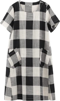 FTCayanz Women's Linen Shirt Dresses Summer Casual Short Sleeve Plaid Tunic Midi Dress Large Black