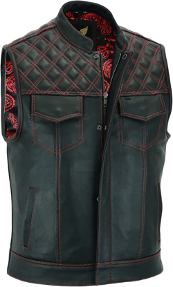 Leatherick Mens Black Motorcycle Vests - SOA Club & Traditional Paisley Satin Liner Leather Biker Vests Medium Black (Red Diamond)