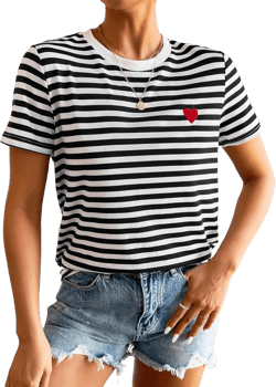 Floerns Women's Casual Striped Crew Neck Short Sleeve T Shirts Tee Tops Large Black White Striped