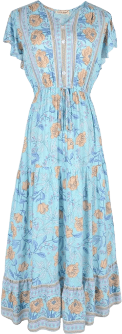 Anna-Kaci Women's Bohemian Paisley Floral Print Butterfly Sleeve V-Neck Midi Dress - Small, Blue