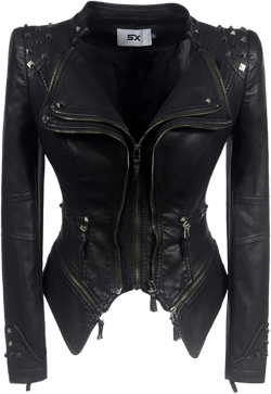 Women's classic Lapel punk rivet leather jacket personality fashion sexy dovetail Motorcycle casual coat X-Large Pu-black
