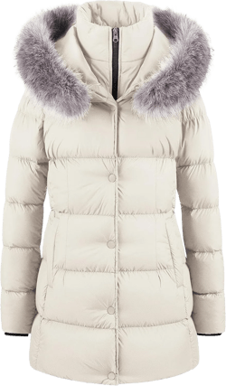 CREATMO US Women's Winter Snow Jacket Long Fur Puffer Coat With Removable Faux Fur Trim Beige Large