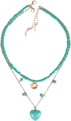 Boho Heart Turquoise Necklace Set for Women Gold Plated Dainty Shell Pearl Dangle Adjustable Layered Turquoise Beaded Chain Necklaces Fashion Summer Vacation Birthday Party Jewelry 2pcs