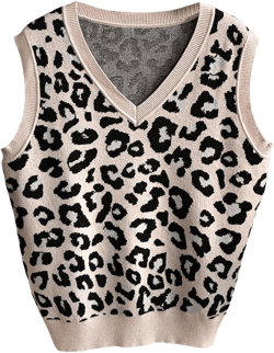 Women's Y2K Leopard Print Sweater Vest V Neck Sleeveless Lightweight Casual Cheetah Knit Tops Large Multicolor