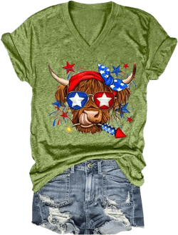 MOGUI 4Th of July Highland Cow Shirt American Flag Shirt Cute Graphic Tee at Amazon Women’s Clothing store