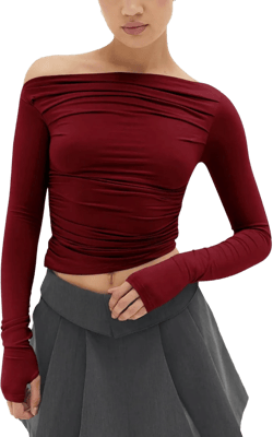 MISS MOLY Women's Off Shoulder Asymmetrical Tops Y2K Ruched Slim Sexy Cropped Long Sleeve Tee Shirts Wine Red X-Small