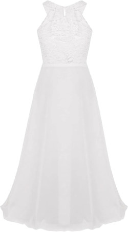Kids Girls Floral Lace Flower Dress Wedding Party Bridesmaid Maxi Long Dress Elegant Halter Chiffon Dress Ball Gown 12 Years White