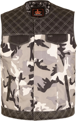 .Men's Biker Rider Motorcycle club Genuine leather & textile camouflage vest 8X-Large Black & Grey
