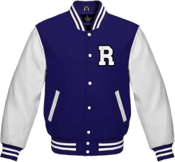 Men's Varsity Baseball Letterman Bomber Wool & White Genuine Leather Sleeves R Logo Jacket X-Large Navy Blue
