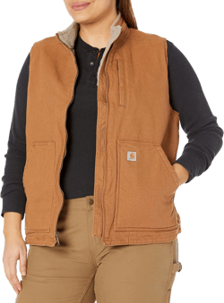 Carhartt Women's Relaxed Fit Washed Duck Sherpa-Lined Mock-Neck Vest at Amazon Women's Coats Shop