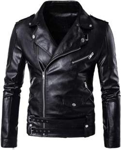 PASOK Men's PU Leather Jacket Causal Belted Faux Leather Motorcycle Jacket Zipper Biker Coat XX-Large Black