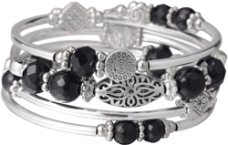 FULU AUTUMN Stackable Beaded Bracelets for Women Boho Wrap Silver Bracelet Layered Fashion Jewelry Gifts for Her Black