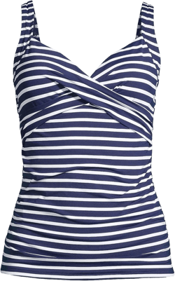 Lands' End Women's Chlorine Resistant Wrap Tankini Swimsuit Top (6) D Deep Sea/White Media Stripe