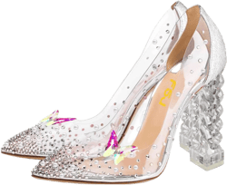 FSJ Women Golden Block High Heel Clear Pump Pointed Toe Slip On Fashion Dress Party Evening Ladies Shoes 13 Crystal Butterfly