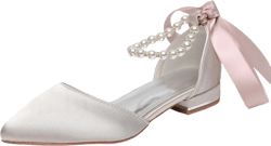 Women's Pearl Satin Wedding Shoes Pointed Toe Comfortable Bridal Flats Formal Prom Party Dress Pumps Ankle Strap Sandals 6 Champagne