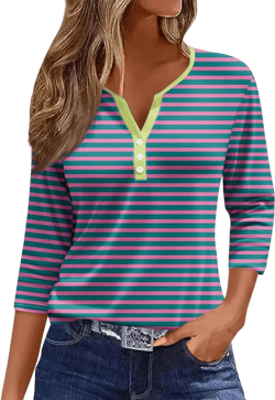 Generic Summer 3/4 Length Sleeve Tops for Women 2024 Striped Print Blouses Dressy Casual Loose V Neck Button Down Tunic Tops XX-Large Blue