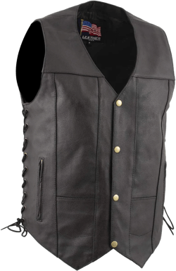 USA Leather 1204 Men's Black 'Dime' Classic Leather Ten Pocket Motorcycle Biker Vest with Side Laces - 4X-Large