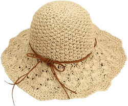 Womens Crochet Straw Hat Wide Brim Summer Beach Sunhat Foldable Floppy Fedora Hat UPF 50+ UV Protection Travel Sun Cap One Size Beige