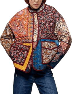 Eisctnd Women's Cropped Puffer Quilted Jacket Cardigan Floral Printed Lightweight Long Sleeve Short Padded Coats Flower Small