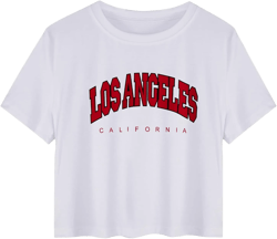 Hilinker Womens Short Sleeve Graphic Crop Tops Vintage Tees Summer Cute T Shirts Medium White Los Angeles