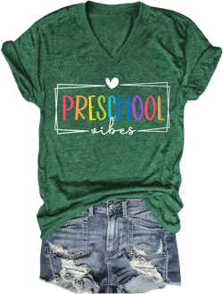 Preschool Teacher Shirt for Women Teacher Back to School T-Shirt Funny Letter Printed Tees Casual Short Sleeve Tops X-Large Retro Green