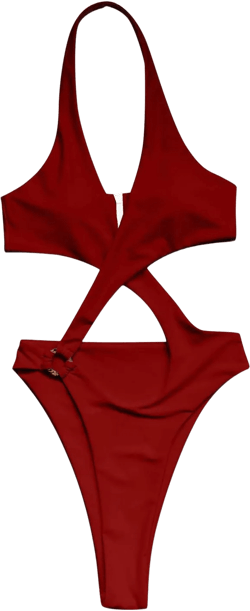 Women Crossed Hollow Out 1-Piece Swimsuits O-Ring String High Leg Swimwear Hanging Neck Backless Bikini (Red, S)