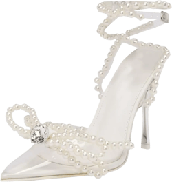 YIYA Women's Pointed Toe Clear Heels Sandals with Strappy Pearls Ankle Strap Sexy Rhinestone Bow Heels Stiletto High Heel Wedding Party Pumps Shoes 5 Off-white