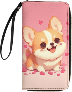 Corgi Purse Leather Wallet for Women Large Purse Pink Puppy Dog Wallet Credit Card Holder Long Wallet Cute Ladies Wallet Travel Clutch Bag Money Storage Pouch