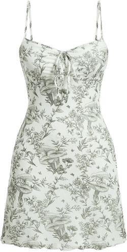 Milumia Women's Floral Print Tie Front Spaghetti Strap Cami Dress V Neck Flare Mini Sun Dresses Small Green