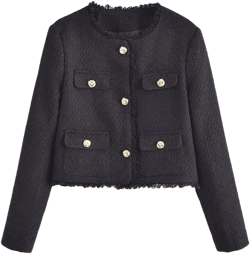 Women Cropped Jacket Short Vintage Tweed Coat Long Sleeve Women's Jackets Blazer Black M
